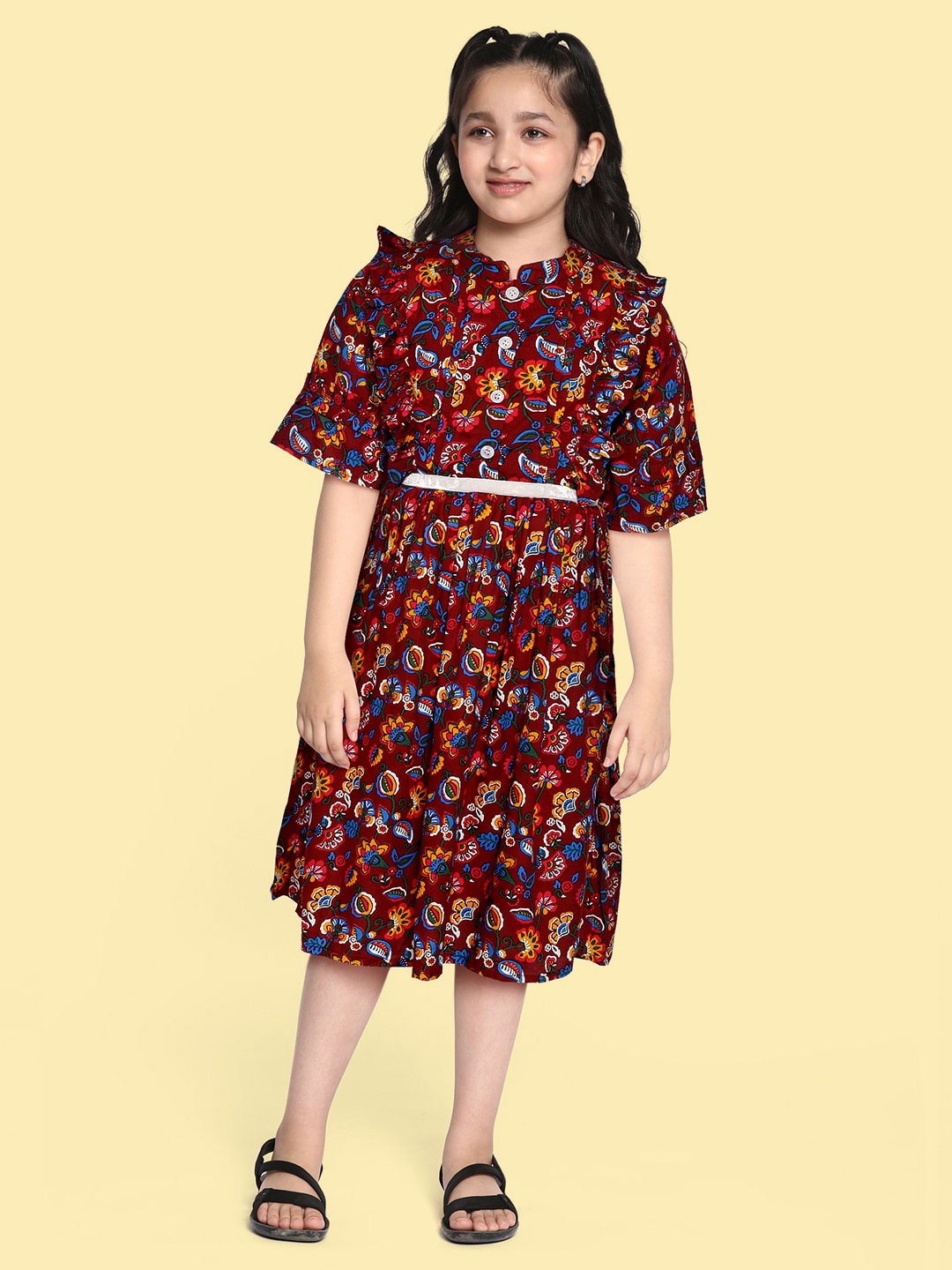 

Bella Moda Girls Maroon & Blue Floral Pure Cotton A-Line Dress