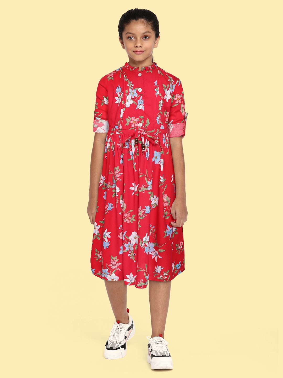 

Bella Moda Red Floral A-Line Midi Cotton Dress