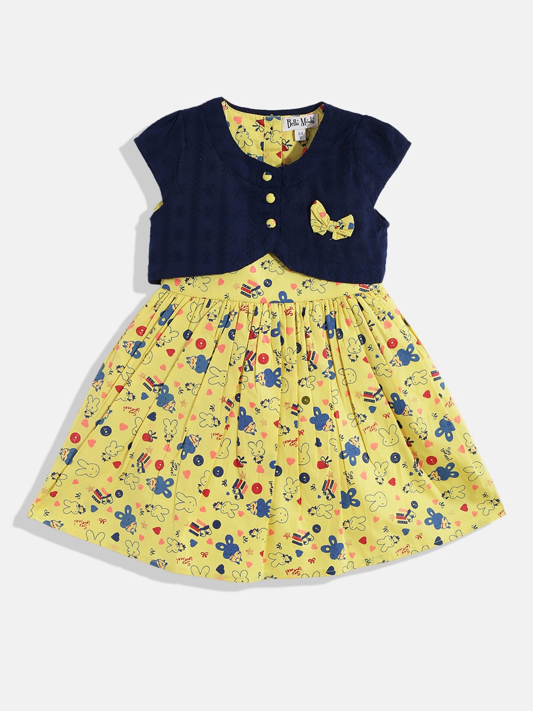 

Bella Moda Girls Yellow & Navy Blue Pure Cotton A-Line Dress