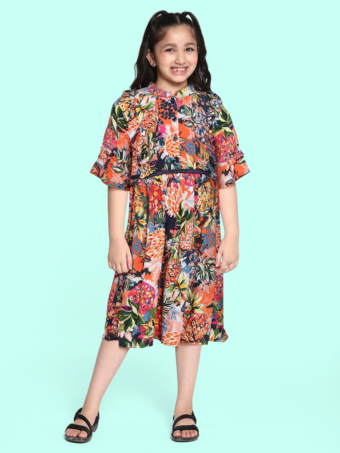 

Bella Moda Girls Orange & Green Floral Pure Cotton A-Line Dress