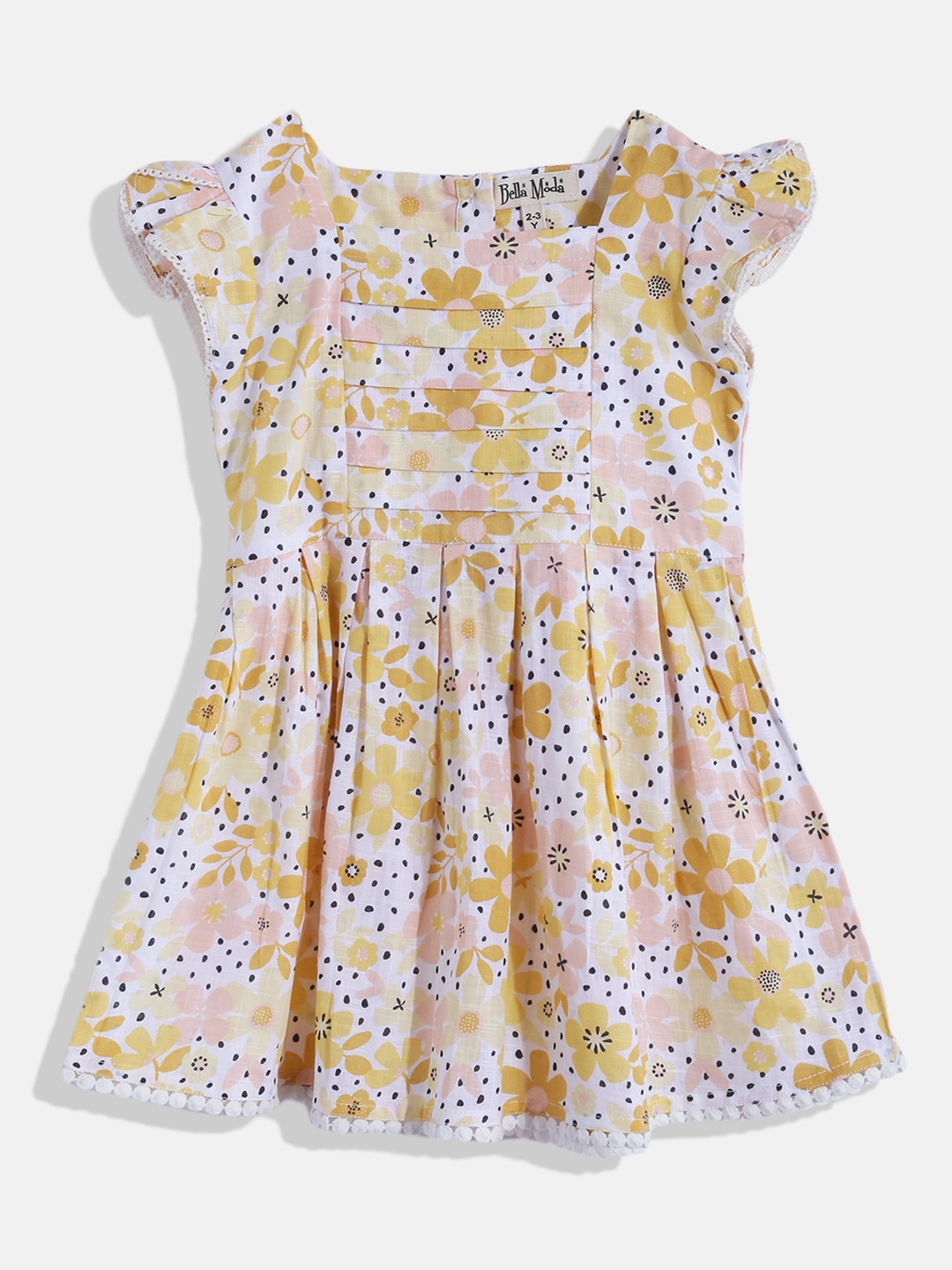 

Bella Moda Girls White & Mustard Yellow Floral Pure Cotton A-Line Dress