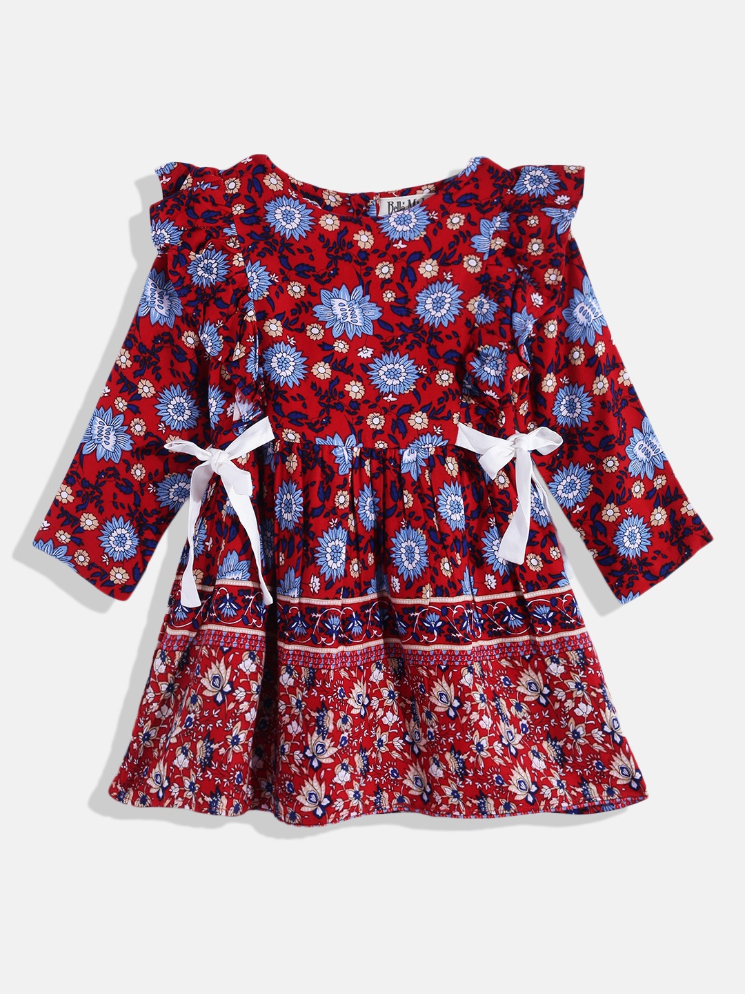 

Bella Moda Girls Red & Blue Floral Pure Cotton A-Line Dress