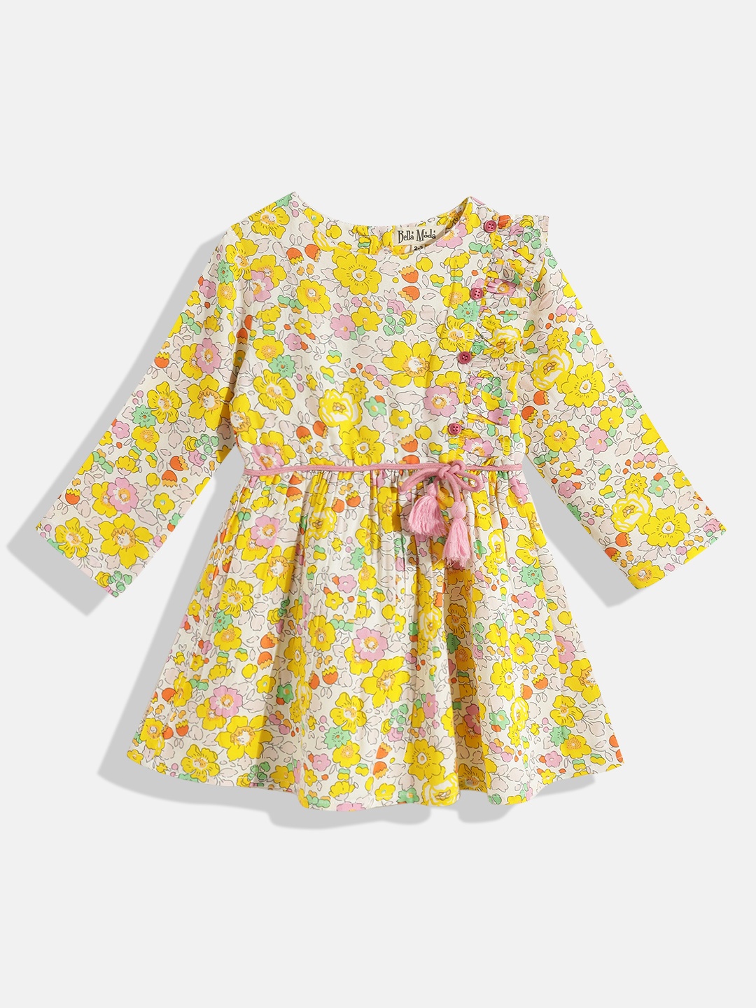 

Bella Moda Girls Yellow & White Floral Printed Pure Cotton A-Line Dress