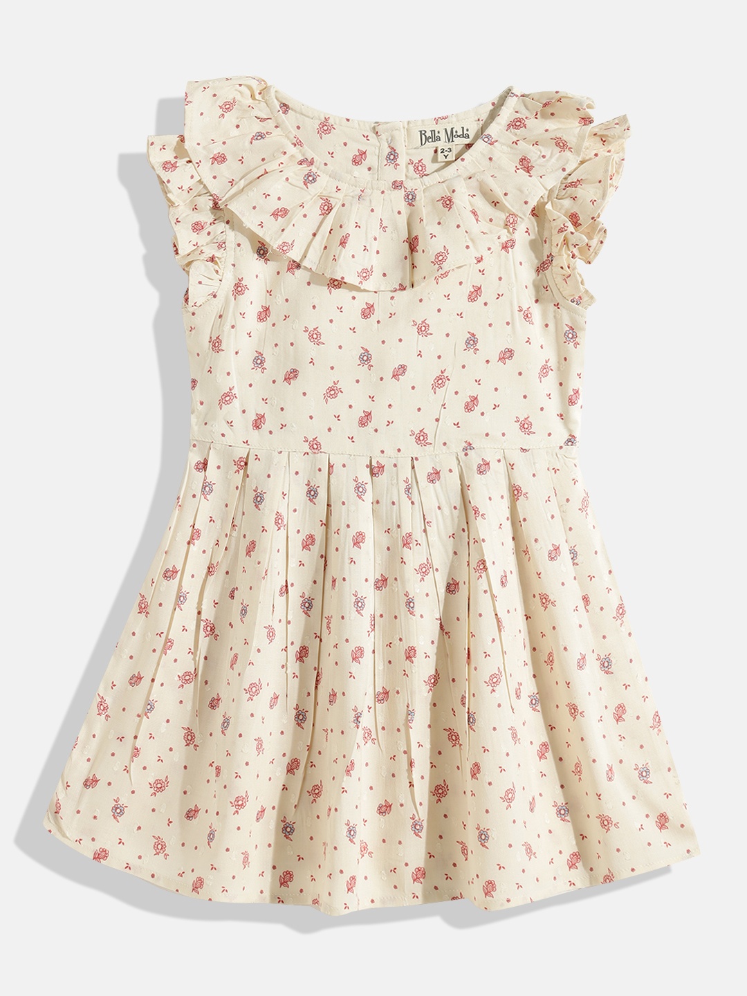 

Bella Moda Girls Cream-Coloured Floral Printed Ruffle Pure Cotton A-Line Dress