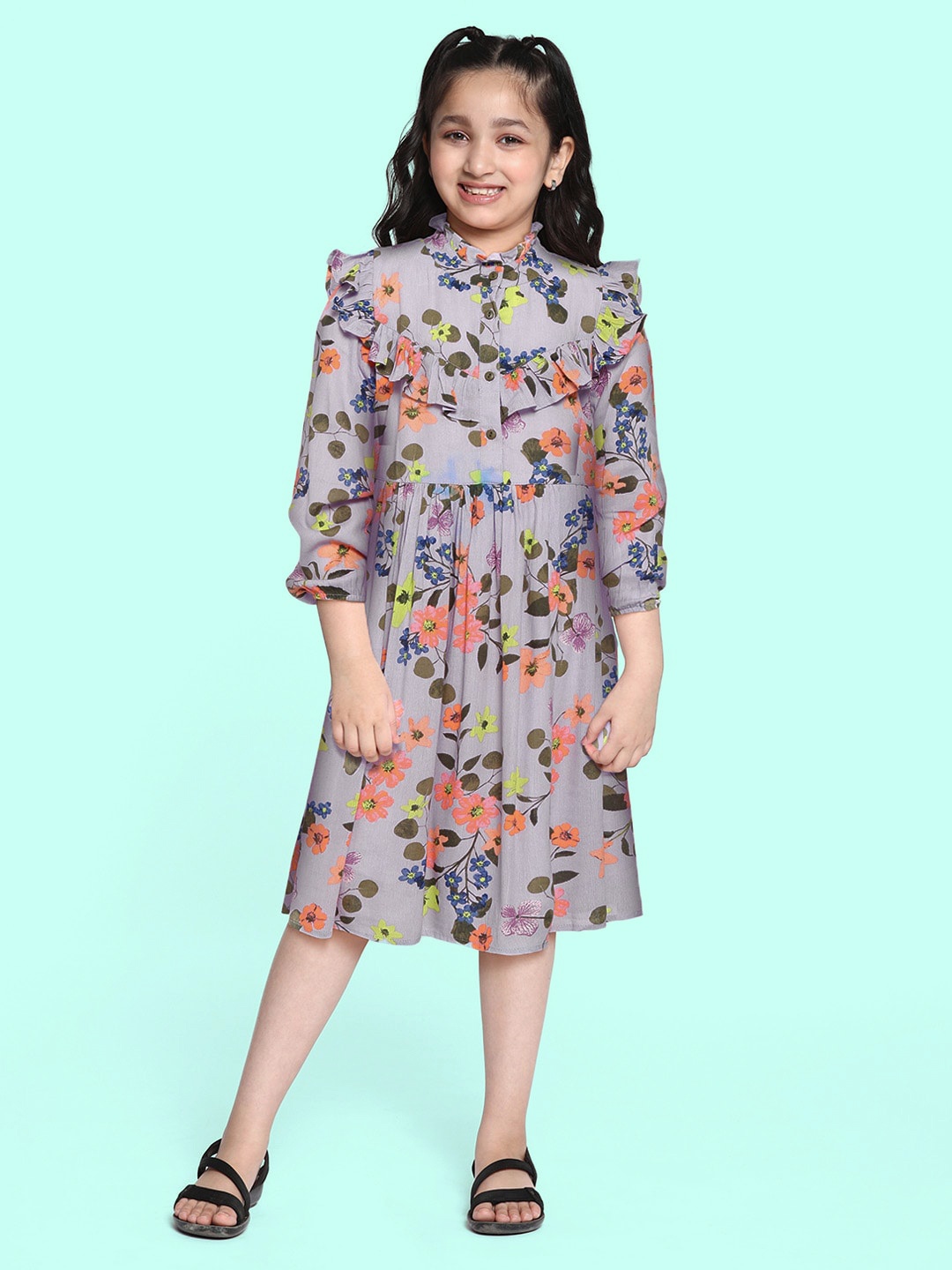 

Bella Moda Girls Mauve Floral Printed Ruffle Pure Cotton A-Line Dress