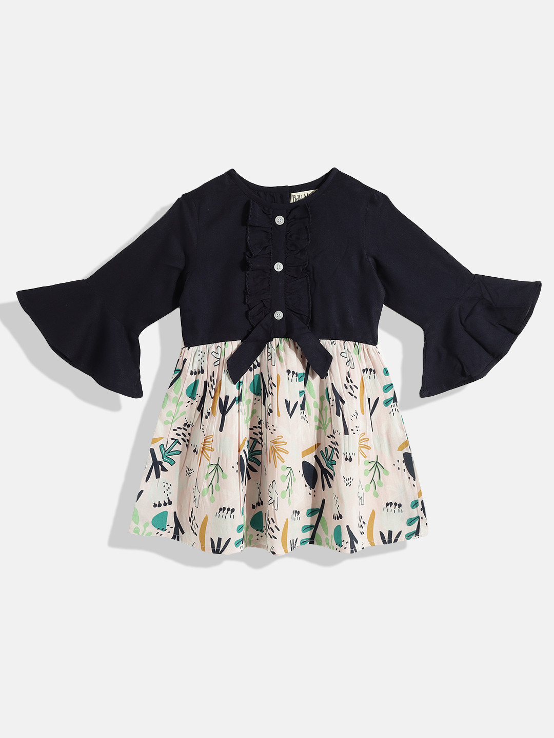 

Bella Moda Girls Navy Blue & White Conversational Printed Pure Cotton A-Line Dress