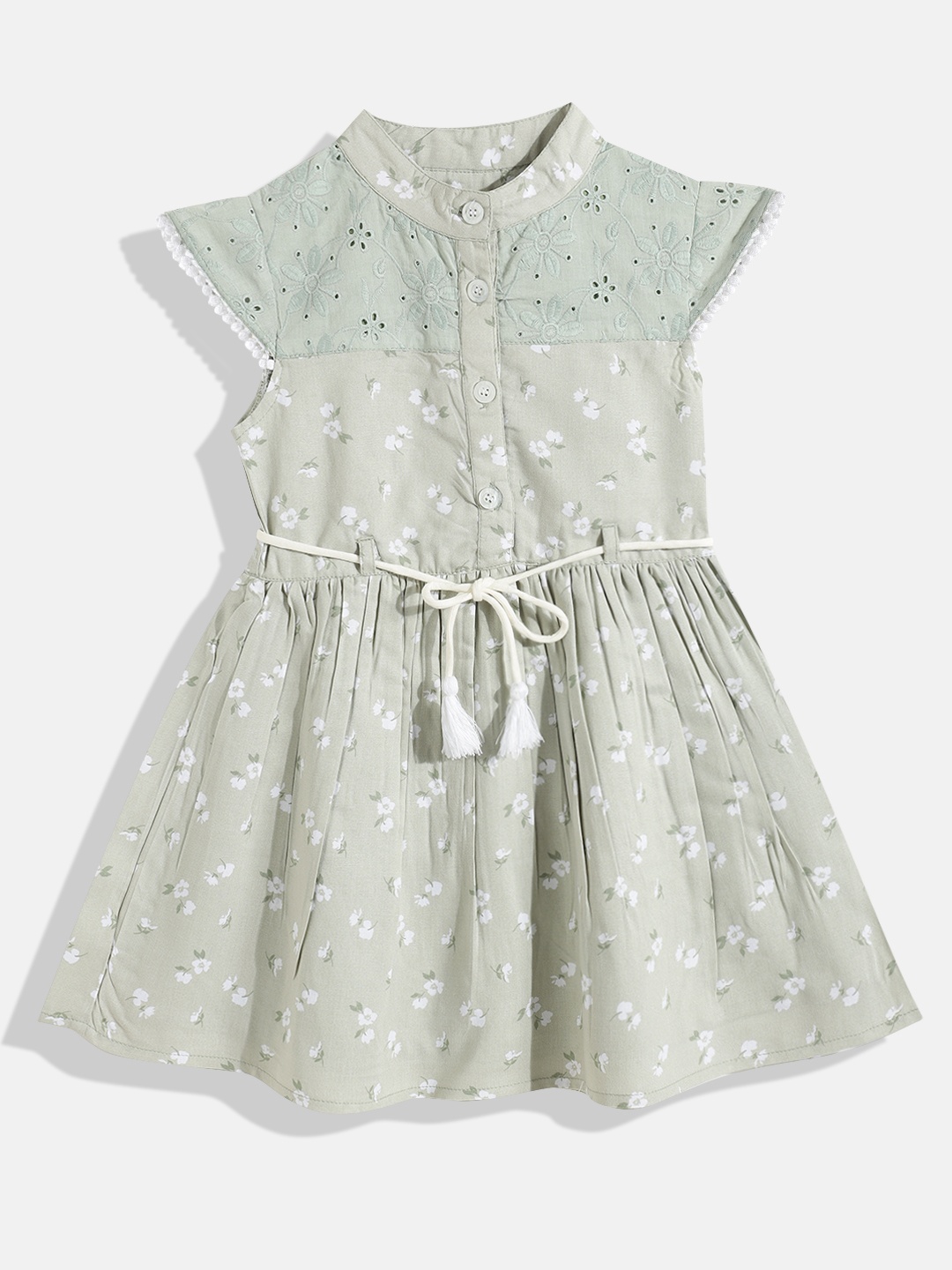 

Bella Moda Girls Taupe Floral Printed Pure Cotton Schiffli A-Line Dress