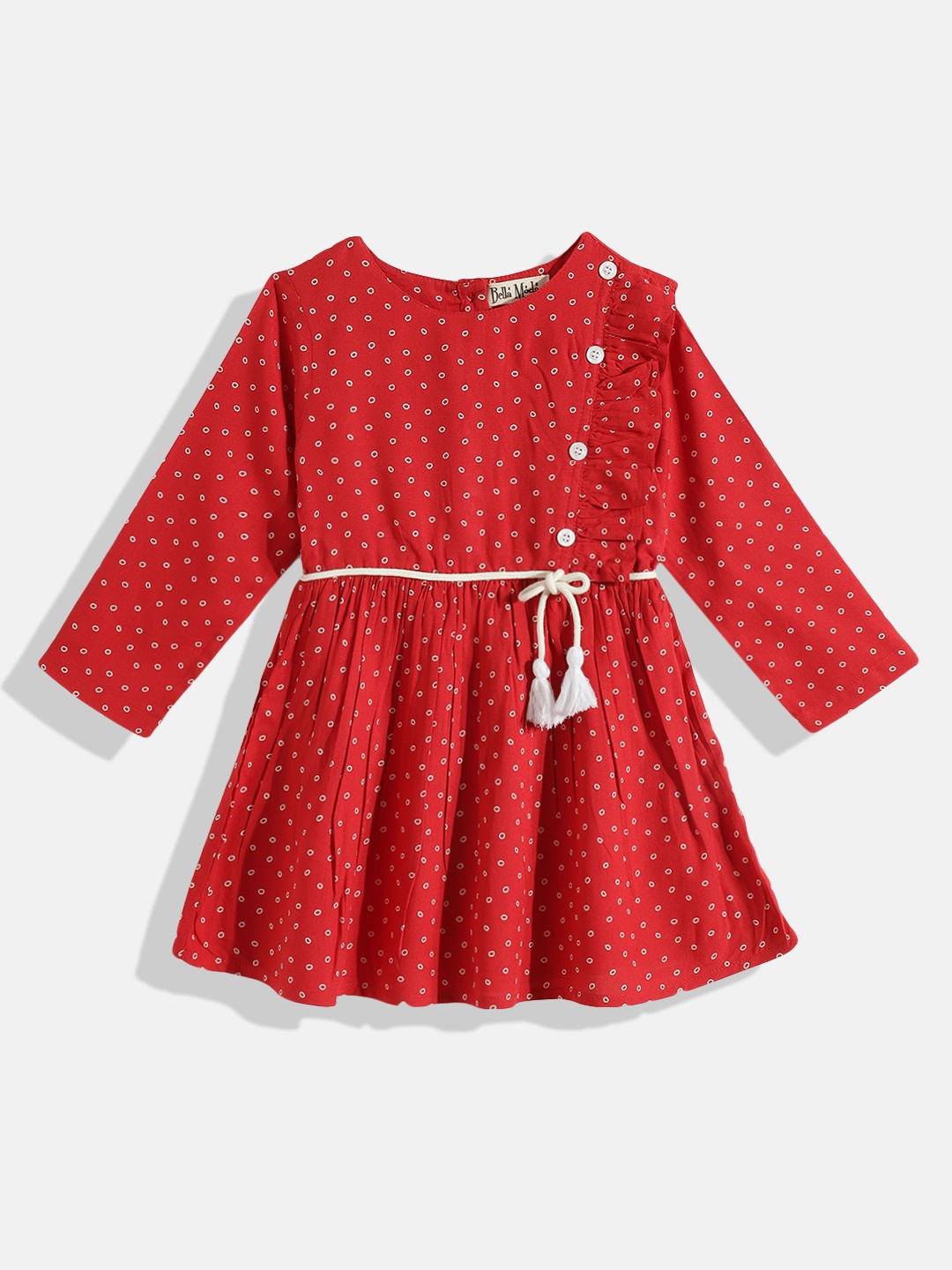 

Bella Moda Girls Red Geometric Printed Pure Cotton Ruffle A-Line Dress