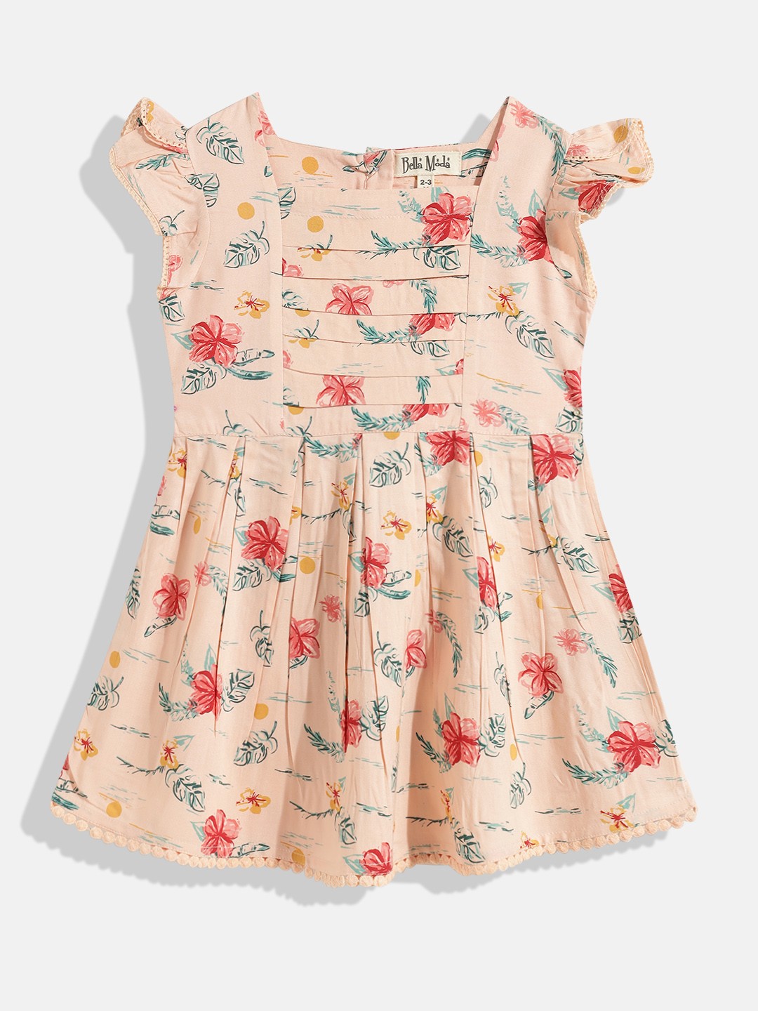 

Bella Moda Girls Peach-Coloured Floral Printed Pure Cotton A-Line Dress