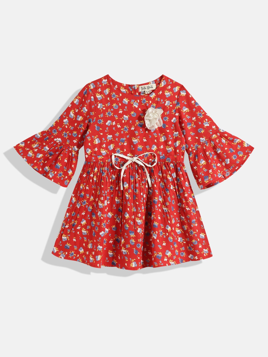 

Bella Moda Girls Red & Blue Floral Pure Cotton A-Line Dress
