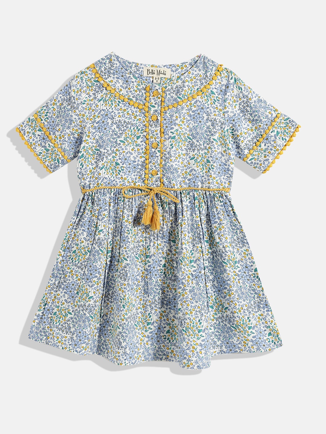 

Bella Moda Girls Blue & White Floral Pure Cotton A-Line Dress