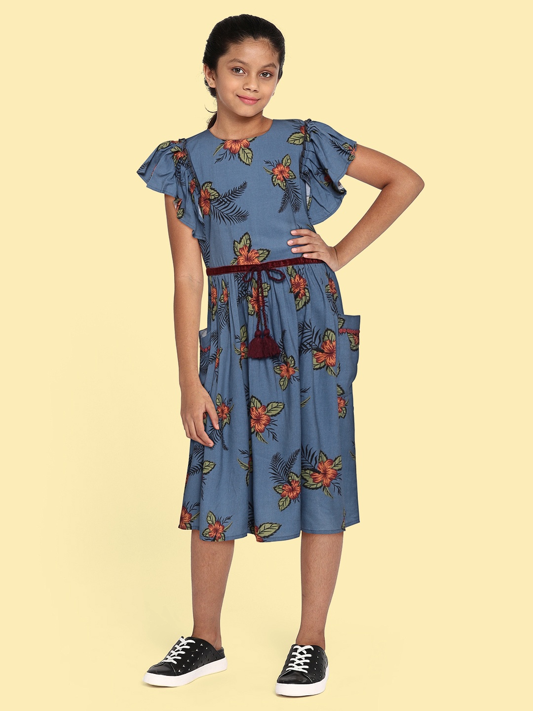 

Bella Moda Girls Blue & Mustard Brown Floral Pure Cotton A-Line Dress