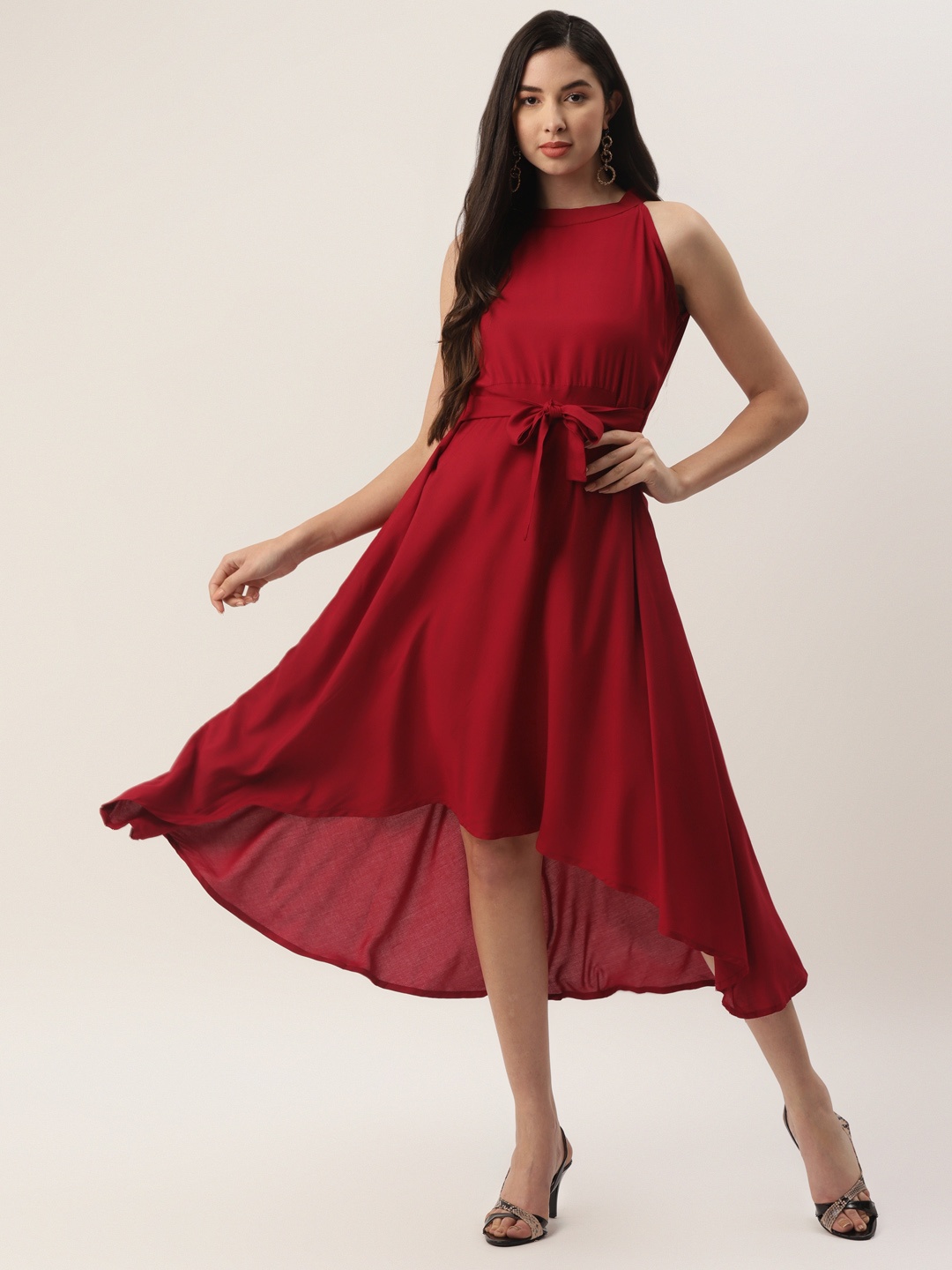 

VAABA Maroon Solid High-Low Fit & Flare Dress
