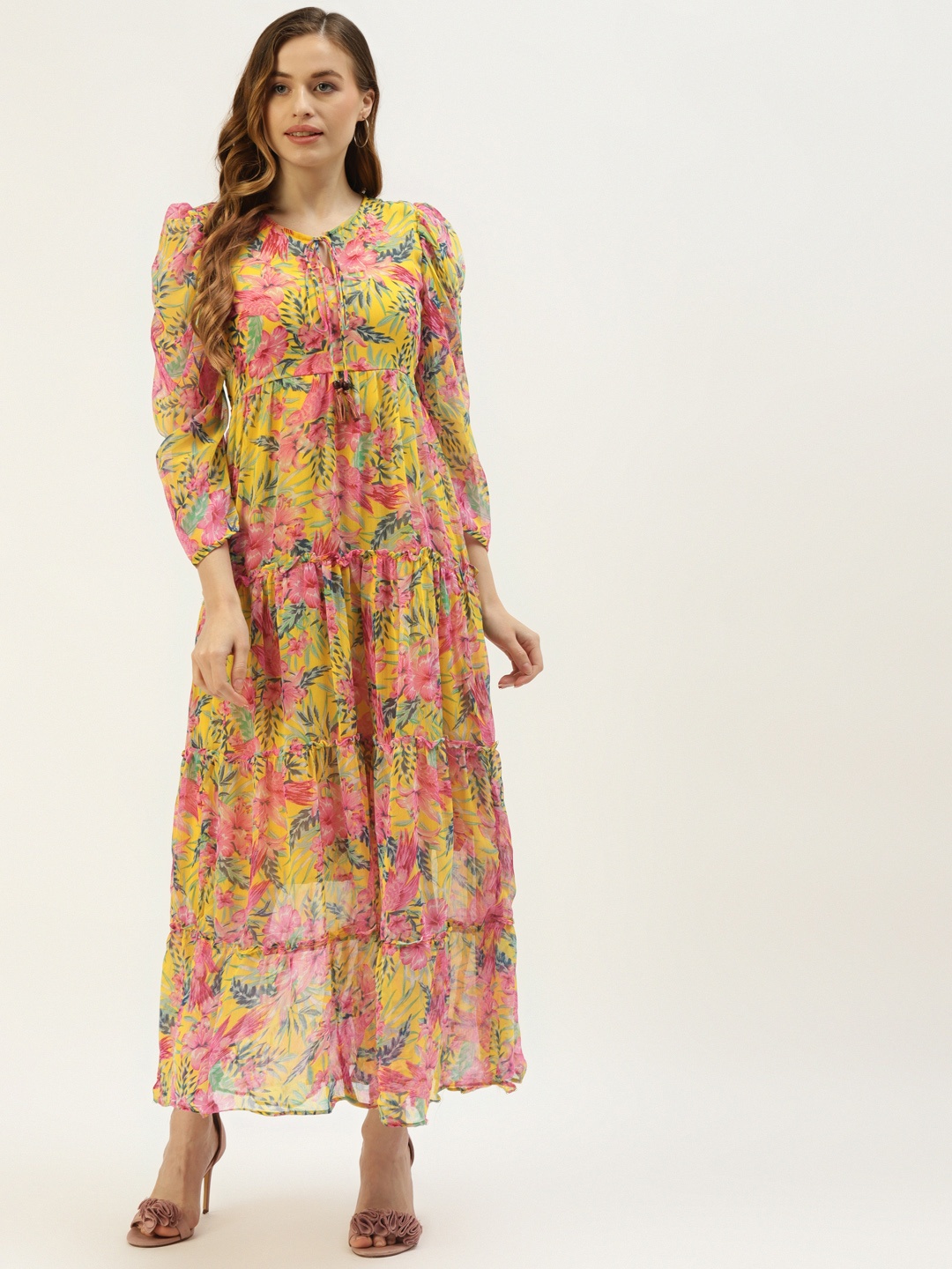 

VAABA Women Yellow & Pink Floral Tie-Up Neck Chiffon Ethnic A-Line Maxi Dress