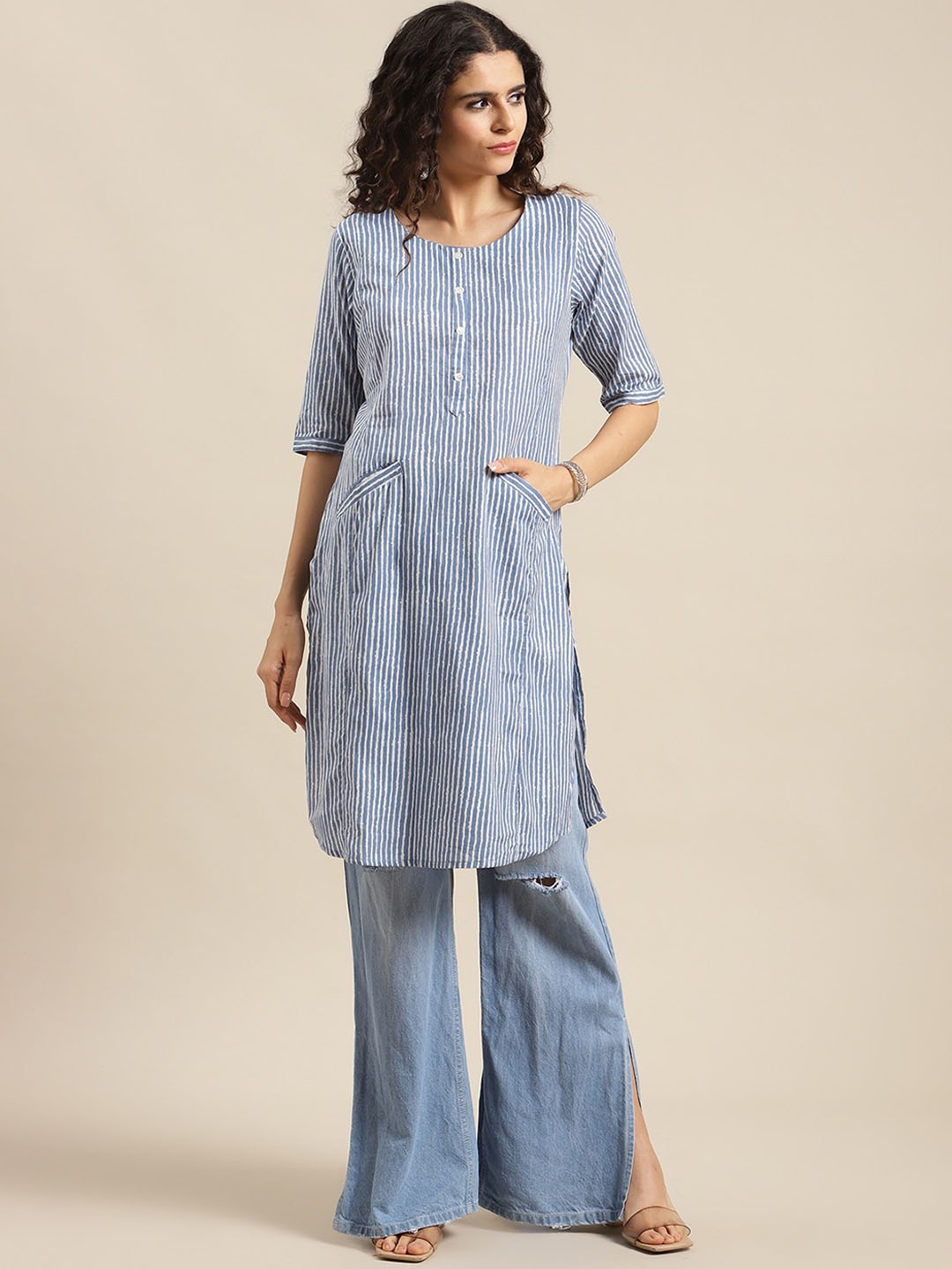 

Varanga Women Blue & White Striped Thread Work Cotton Kurta