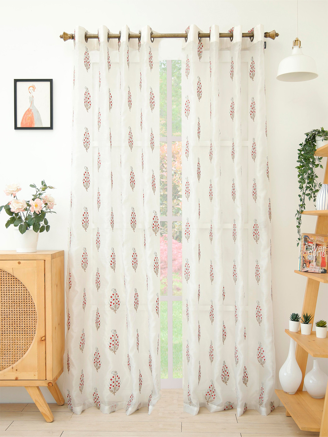 

Ariana Red & Off White Set of 2 Ethnic Motifs Embroidered Sheer Long Door Curtain
