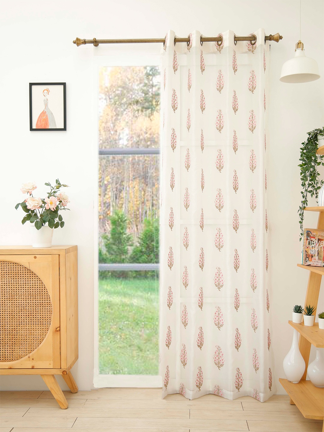 

Ariana Pink & White Ethnic Motifs Embroidered Sheer Long Door Curtain