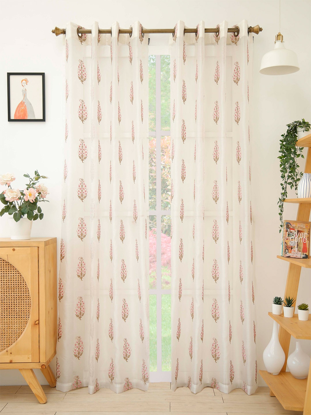 

Ariana Pink & White Set of 2 Ethnic Motifs Embroidered Sheer Long Door Curtain