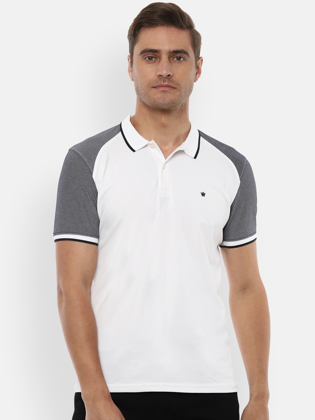 

Louis Philippe Men White & Grey Colourblocked Polo Collar T-shirt