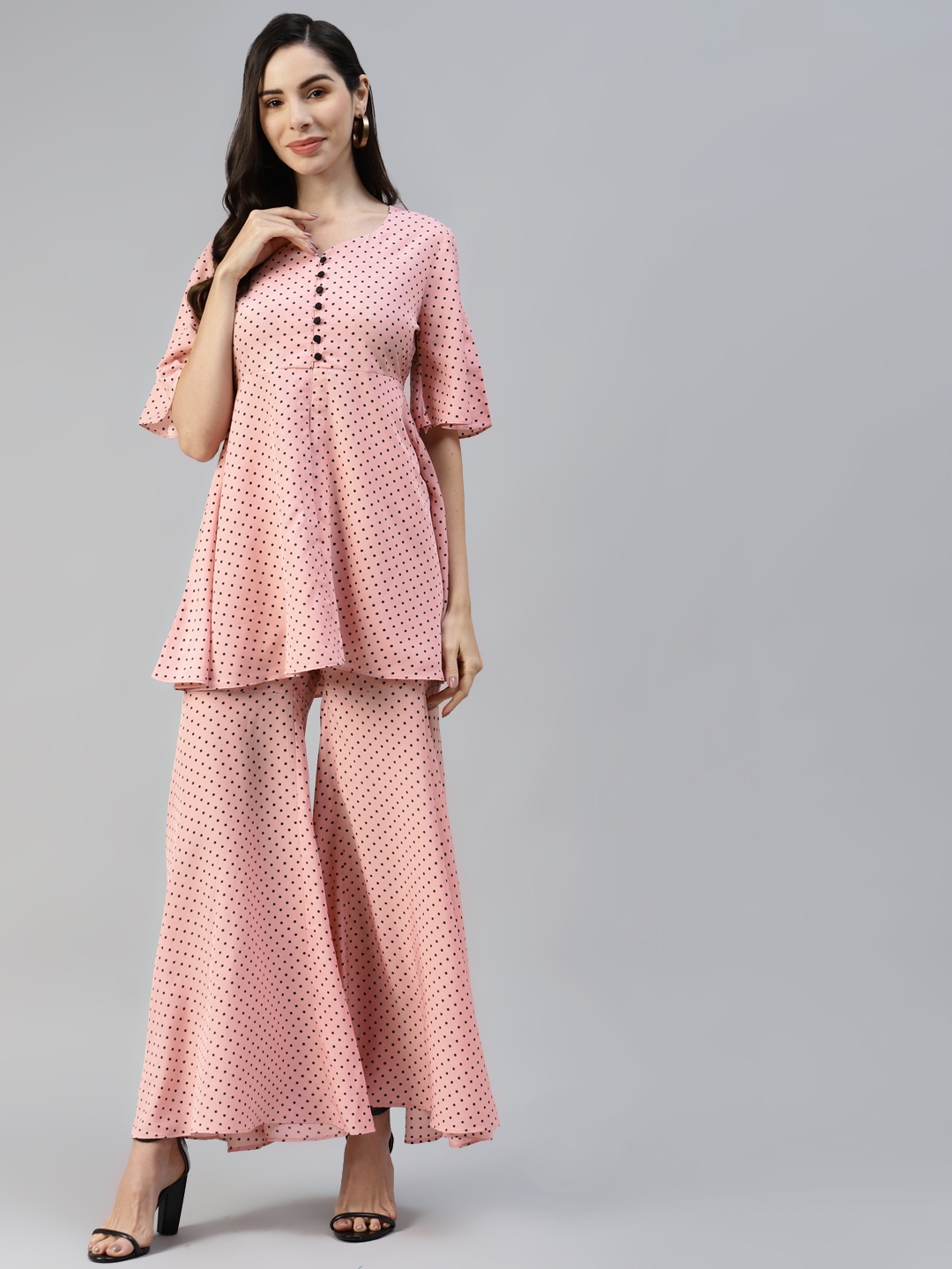 

MBE Women Pink & Black Polka Dots Printed Tunic & Sharara Set