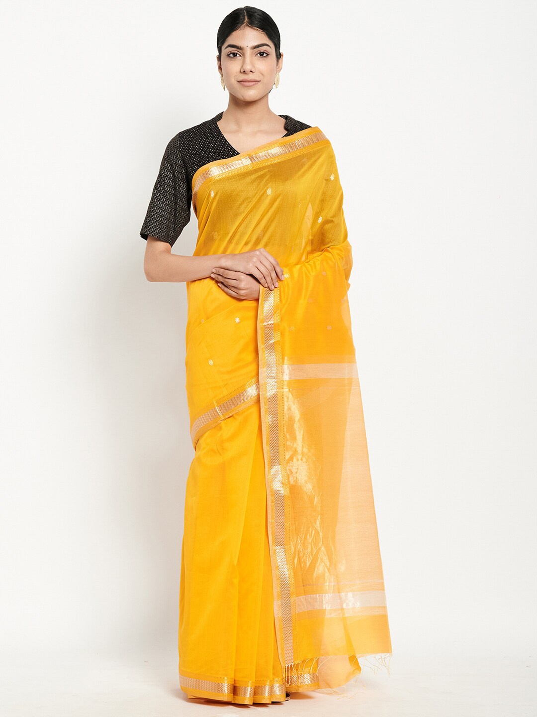

Fabindia Mustard Yellow & Golden Ethnic Motifs Zari Silk Cotton Maheshwari Saree