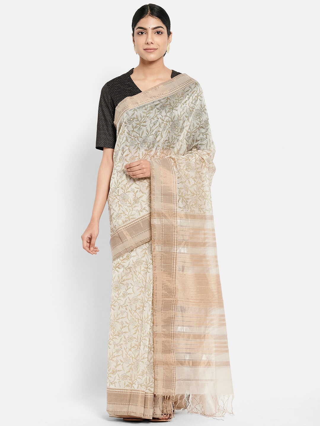 

Fabindia Off White & Tan Floral Printed Maheshwari Saree