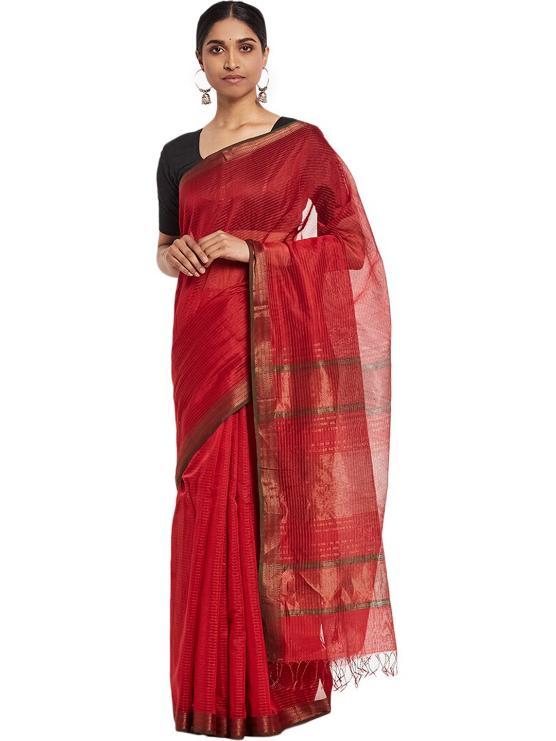

Fabindia Maroon & Gold-Toned Woven Design Zari Maheshwari Saree