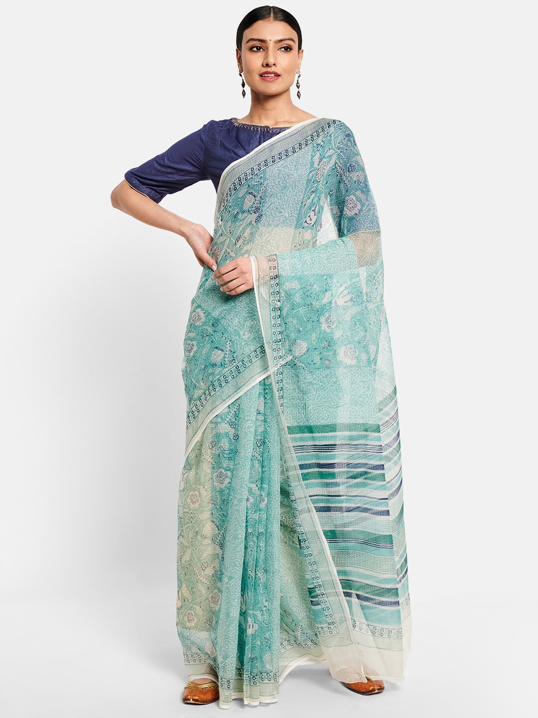 

Fabindia Blue & White Floral Block Print Saree