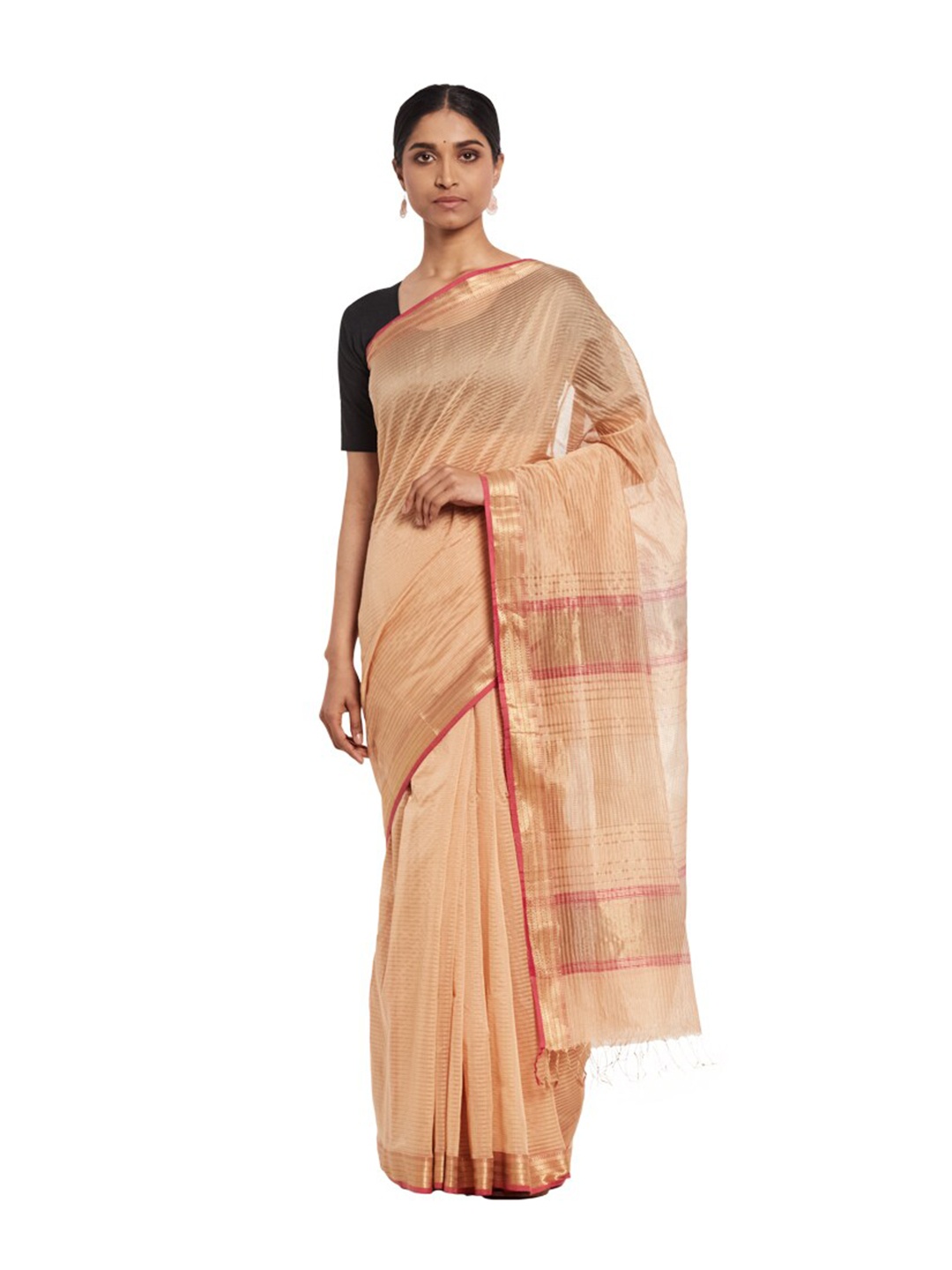 

Fabindia Beige & Golden Striped Cotton Silk Maheshwari Saree
