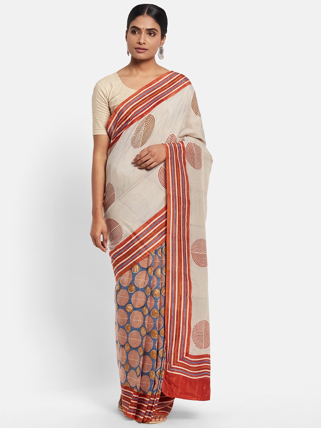 

Fabindia White & Red Block Print Saree