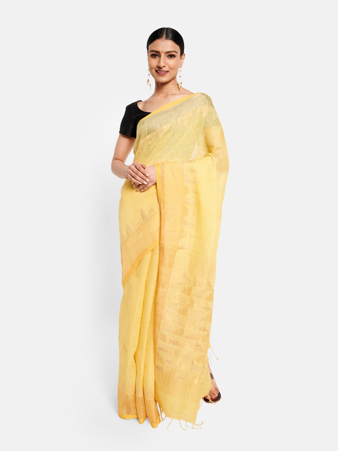 

Fabindia Yellow & Beige Pure Linen Jamdani Saree