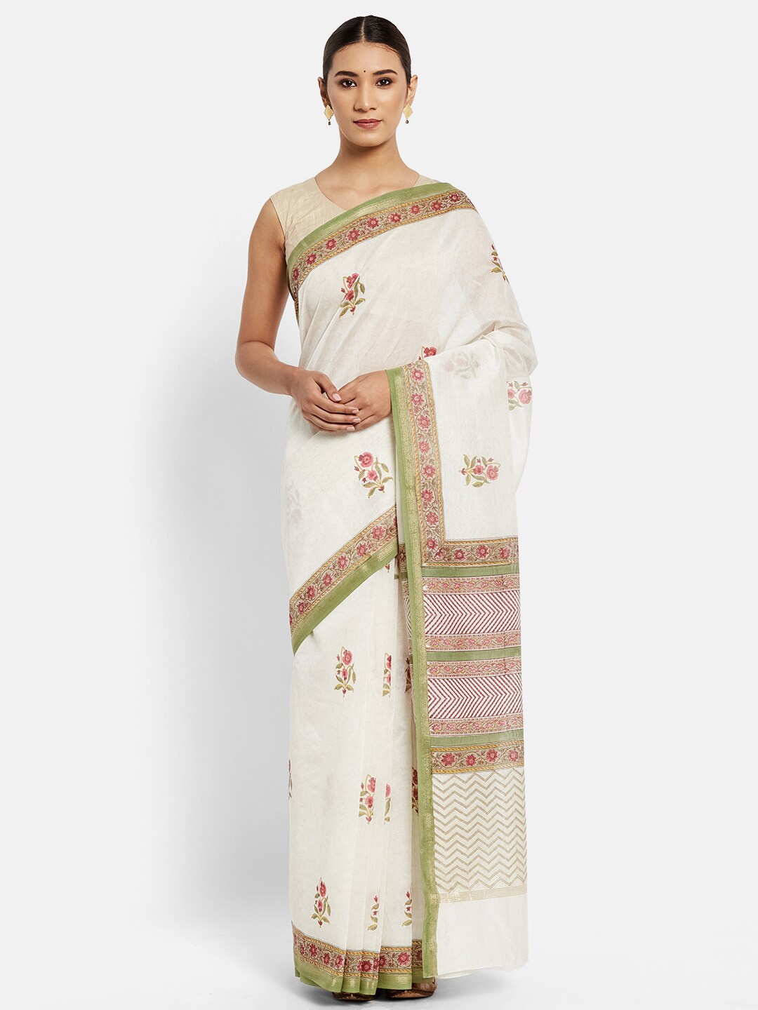 

Fabindia Off White & Pink Floral Printed Cotton Silk Saree
