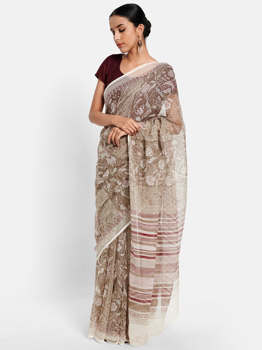 

Fabindia Grey & Beige Floral Block Print Saree