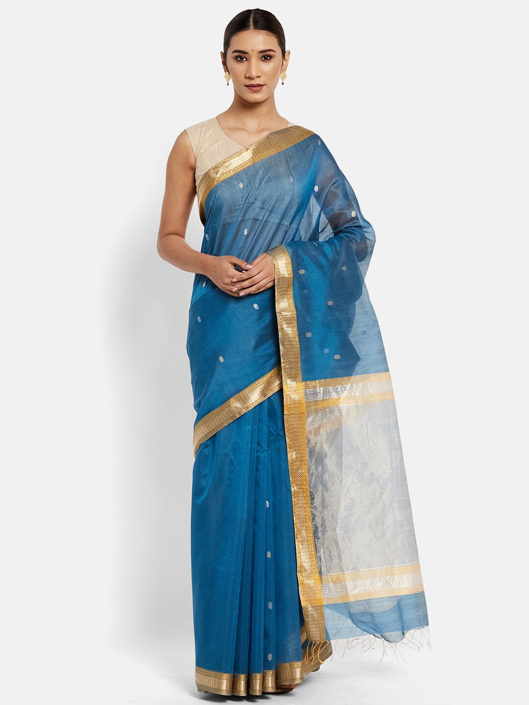 

Fabindia Blue & Gold-Toned Maheshwari Saree