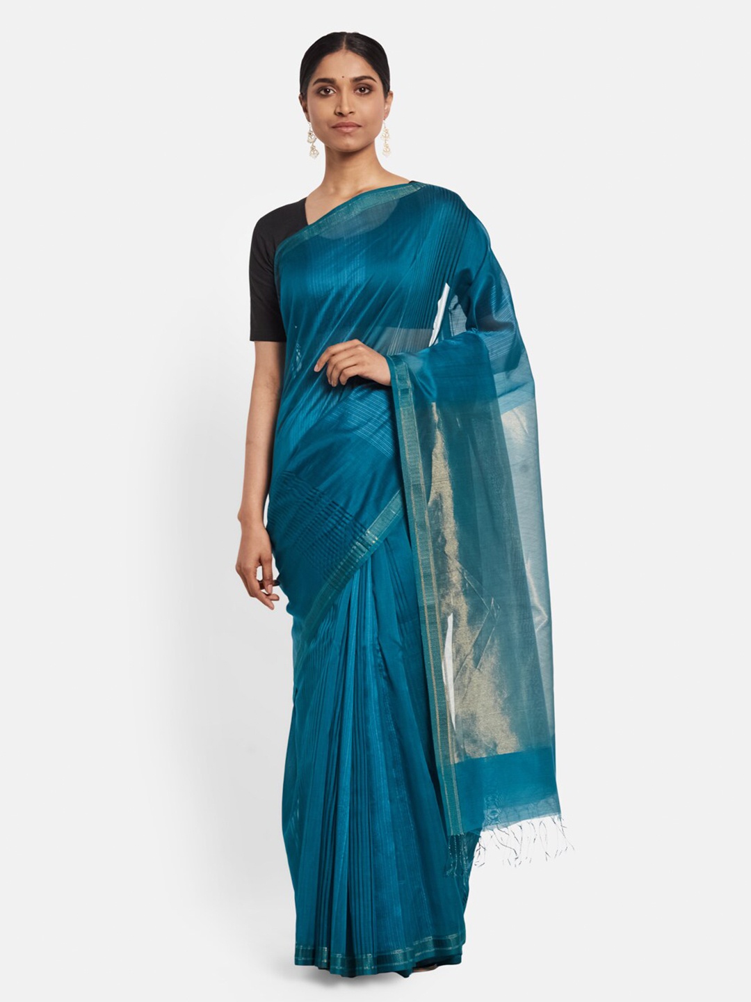 

Fabindia Teal Blue Solid Cotton Silk Maheshwari Saree