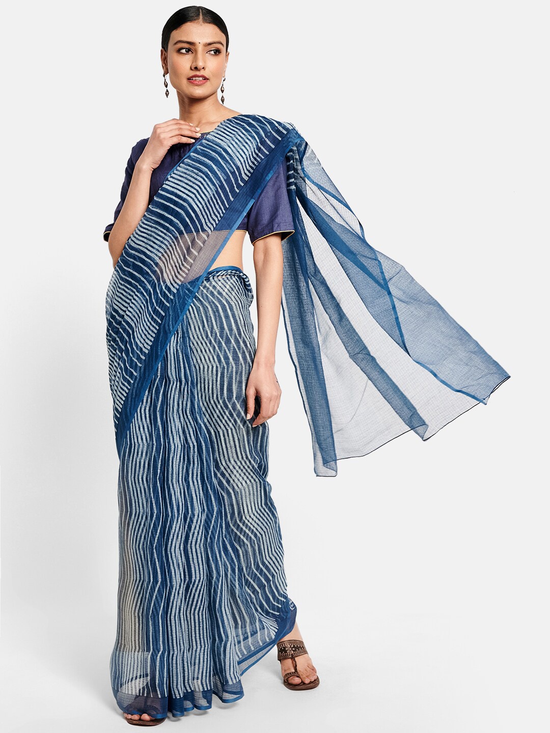 

Fabindia Blue & White Leheriya Printed Saree