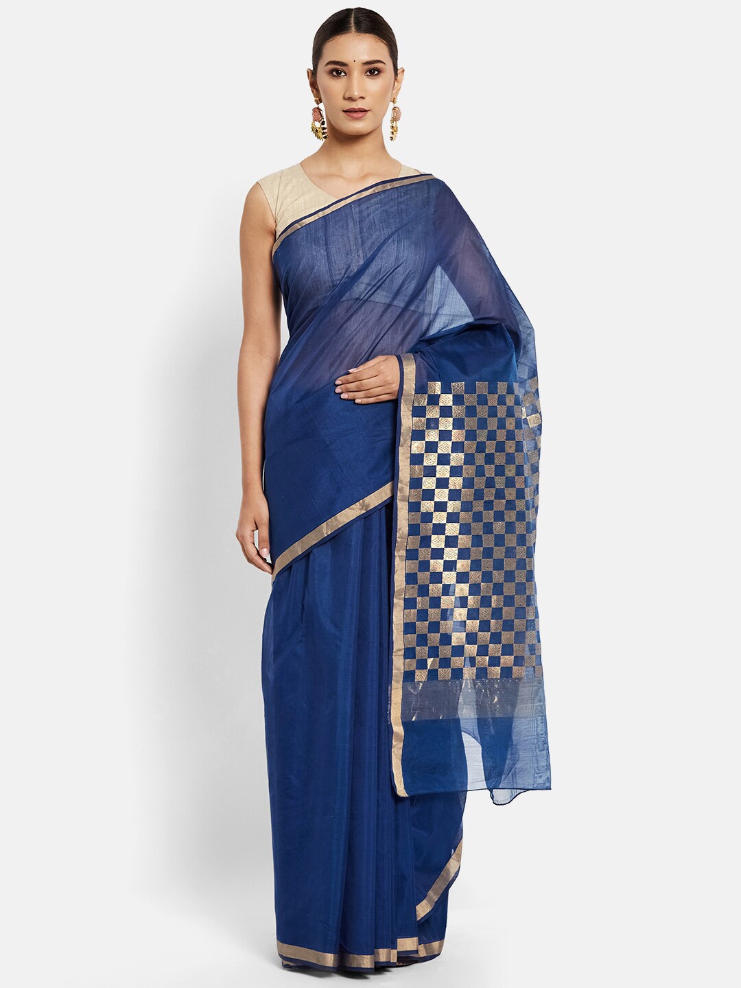 

Fabindia Navy Blue & Golden Solid Cotton Silk Chanderi Saree