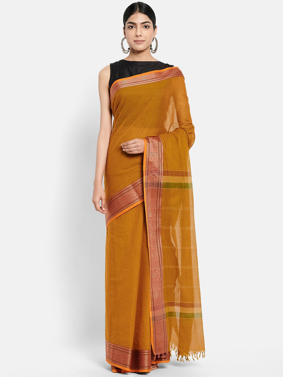 

Fabindia Mustard Striped Pure Cotton Saree