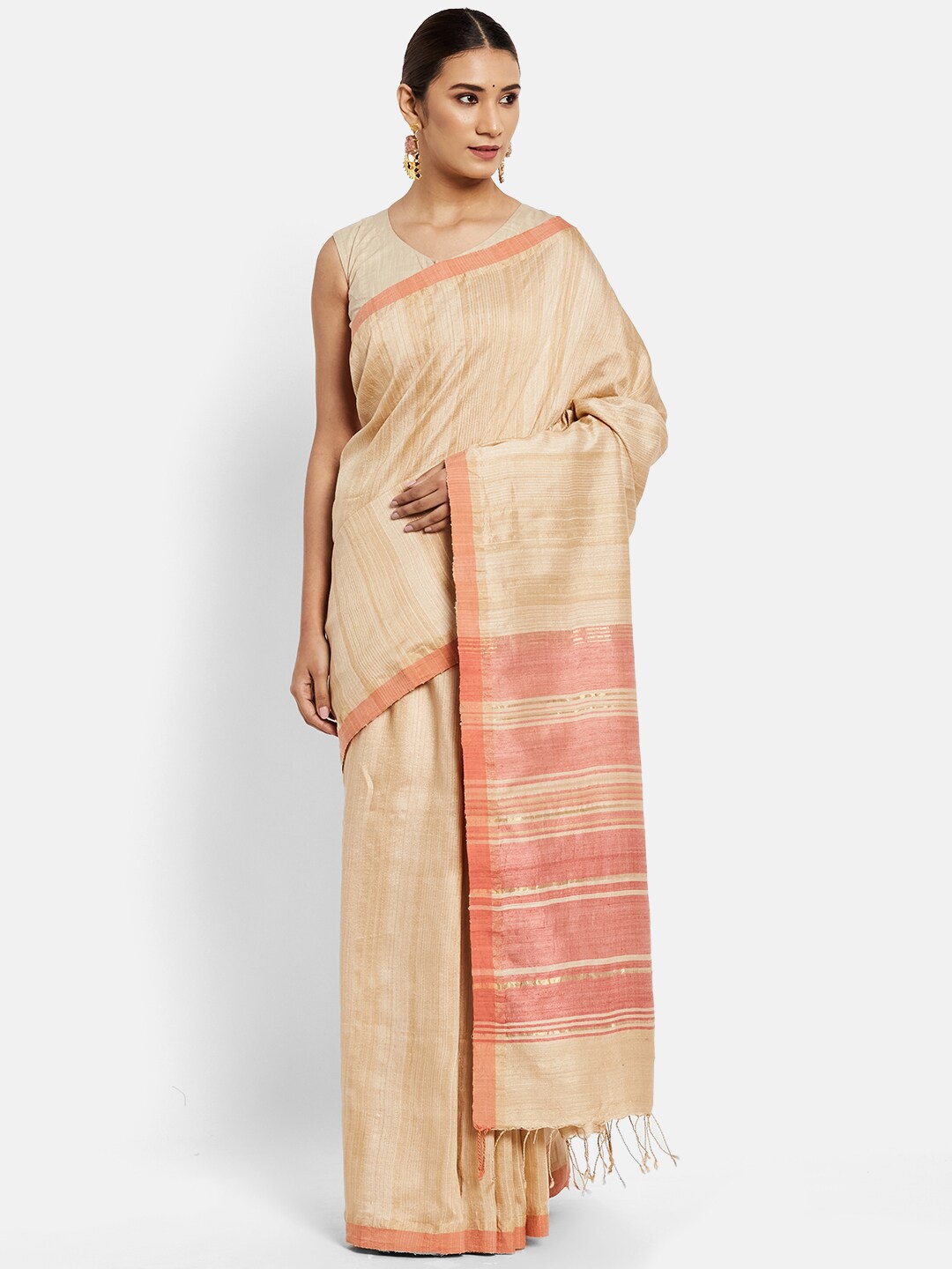 

Fabindia Beige & Coral Striped Pure Silk Saree