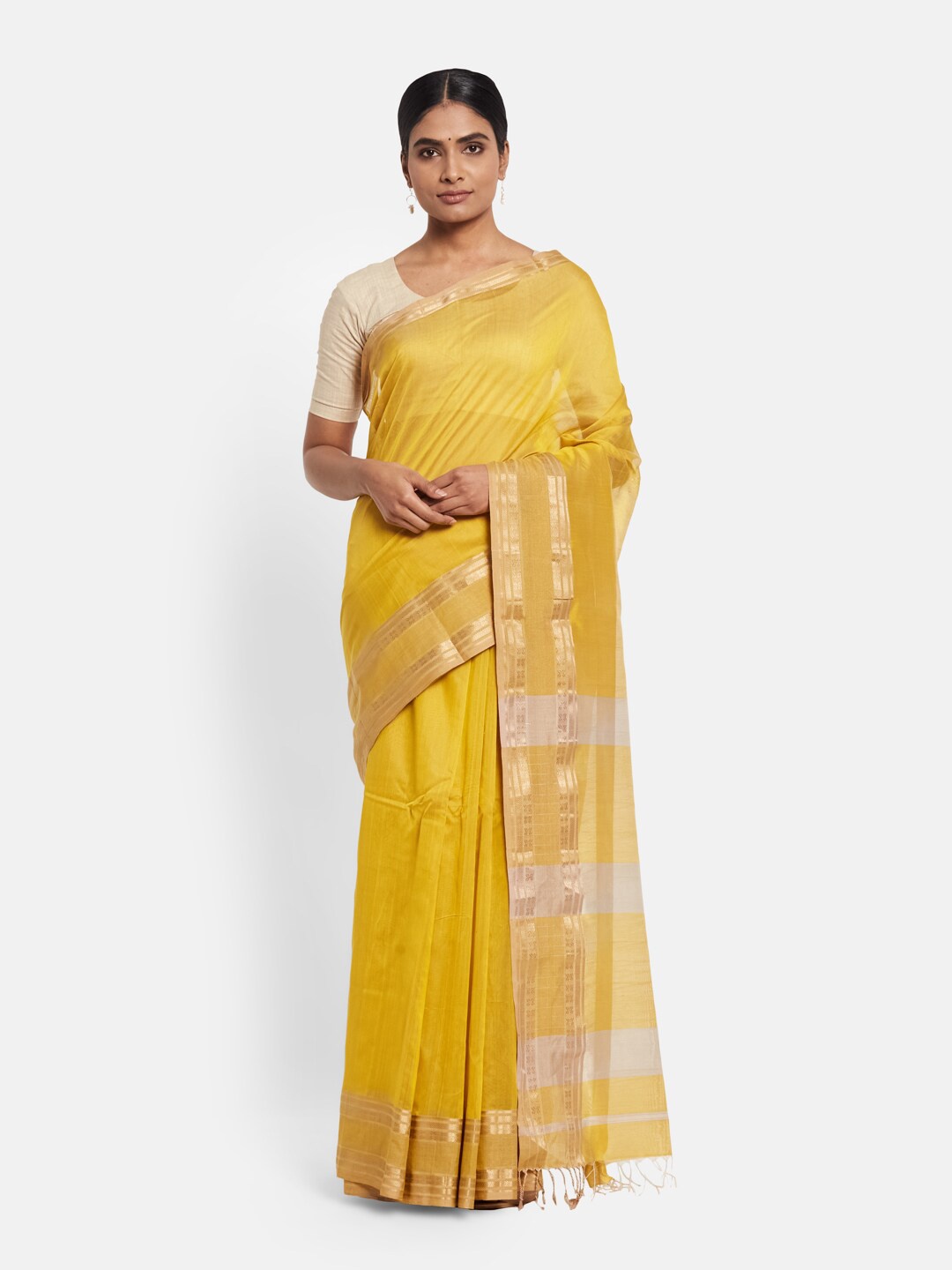

Fabindia Mustard & Gold-Toned Zari Maheshwari Saree