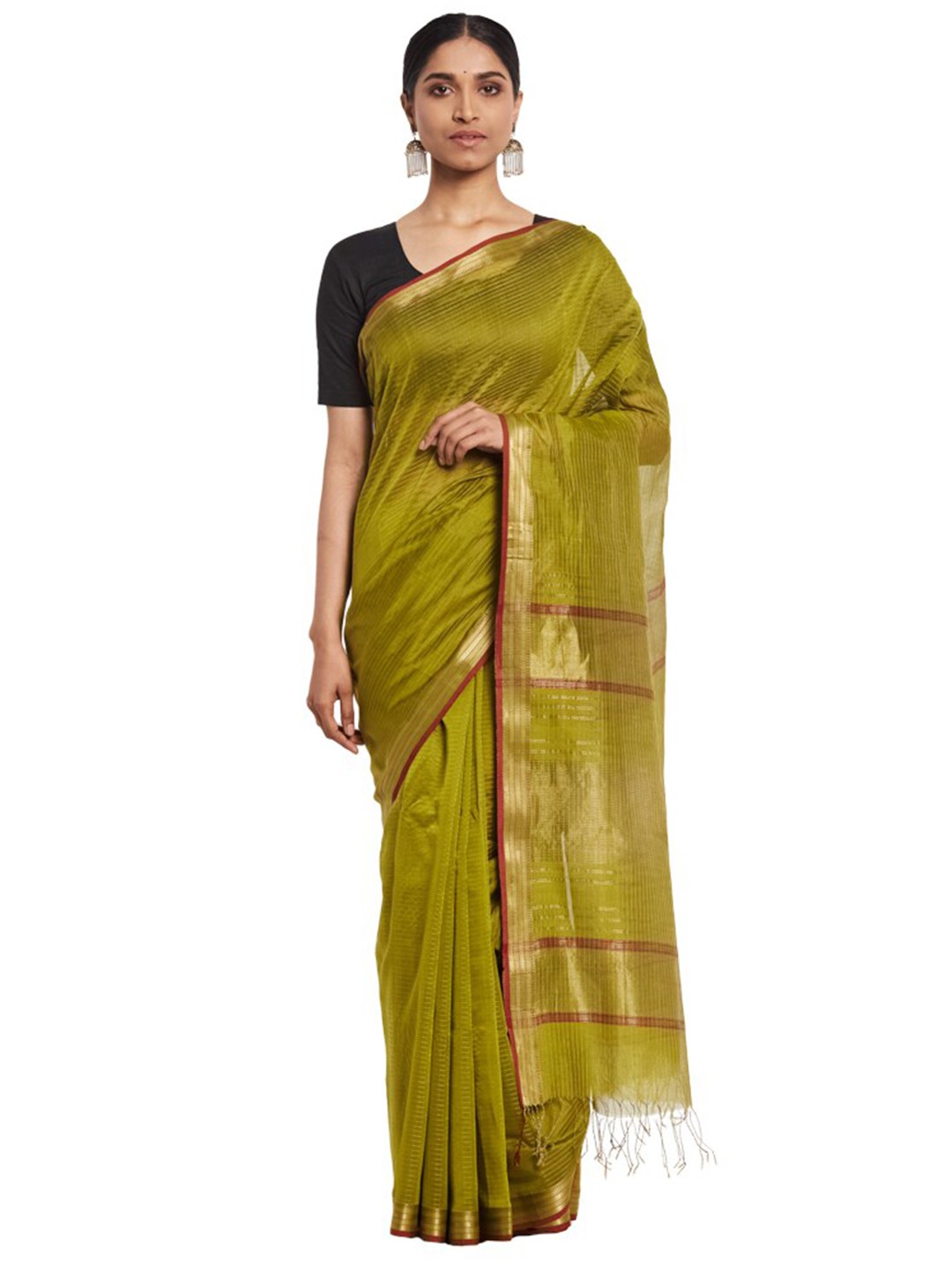 

Fabindia Green & Pink Striped Cotton Silk Maheshwari Saree