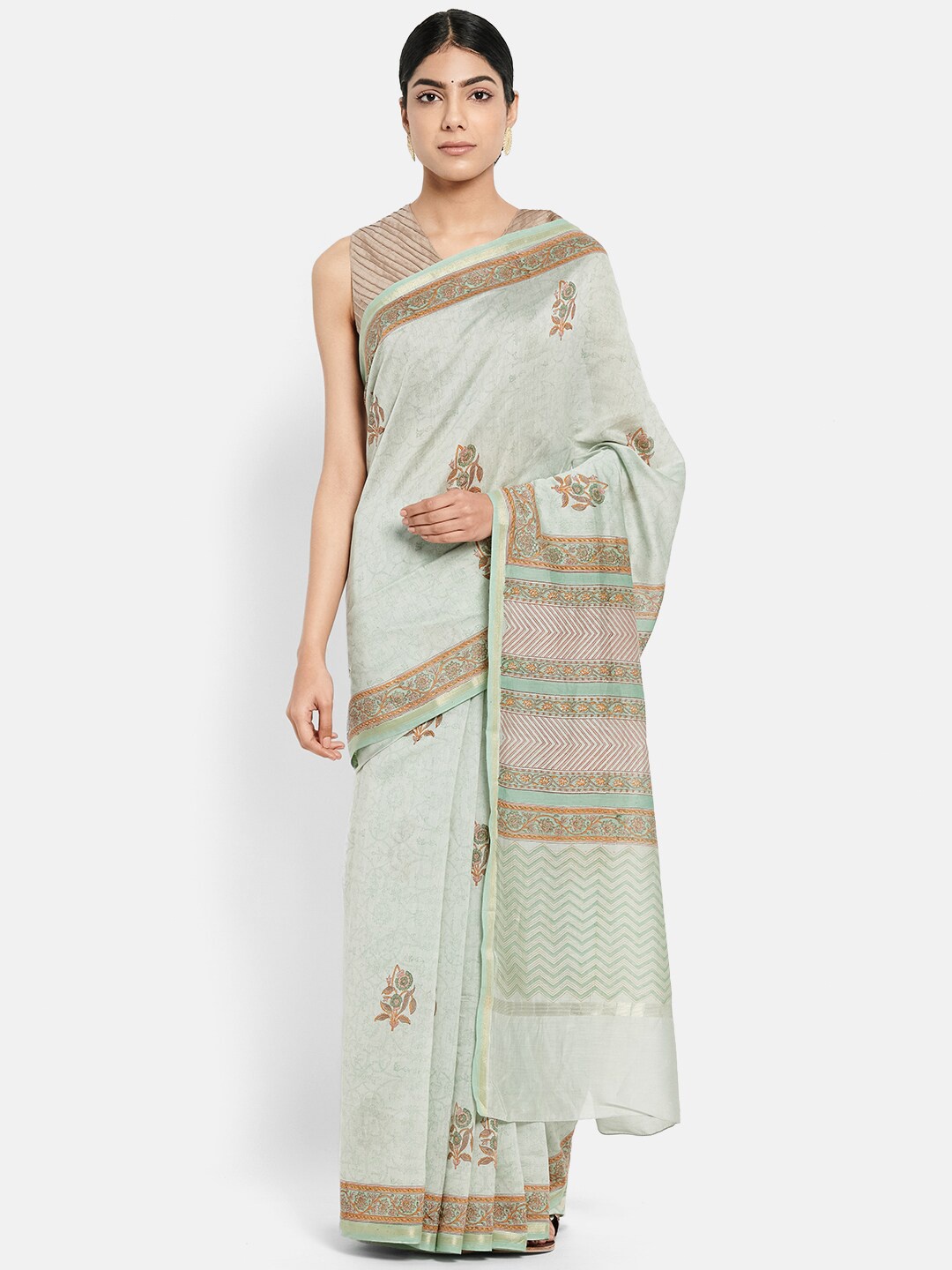 

Fabindia Turquoise Blue & Orange Ethnic Motifs Saree