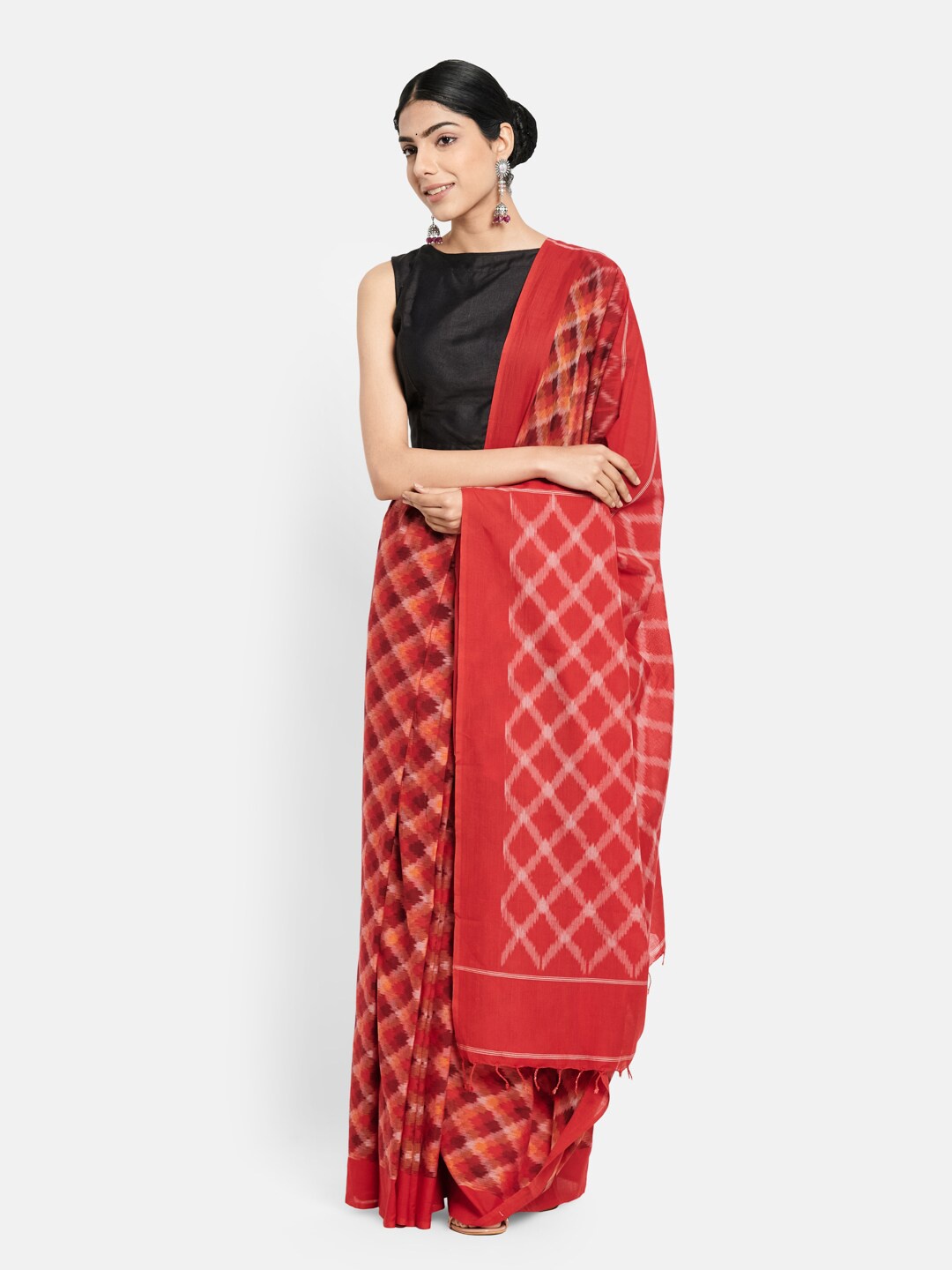 

Fabindia Red & White Printed Pure Cotton Saree