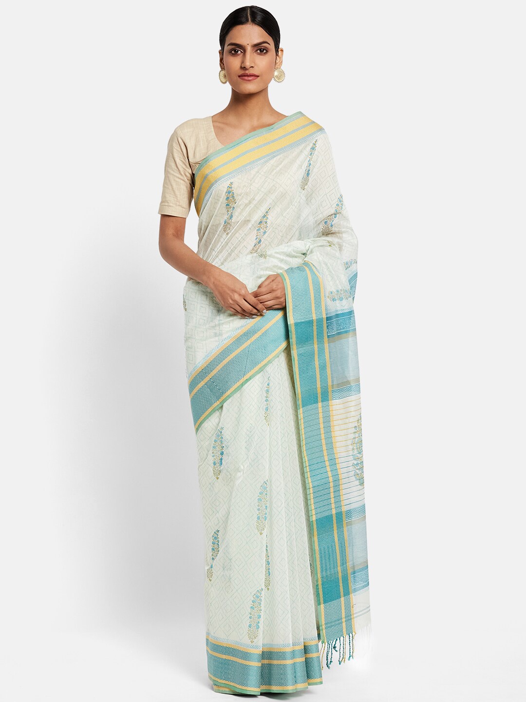 

Fabindia Blue & White Ethnic Motifs Saree