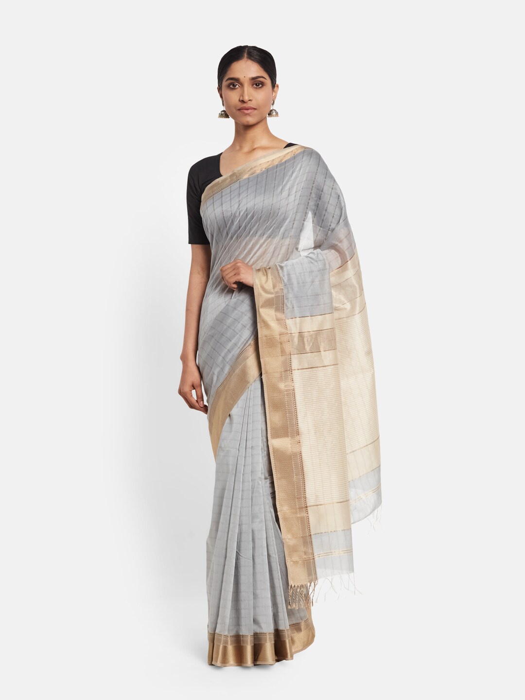 

Fabindia Grey Woven Design Jaali Maheshwari Saree