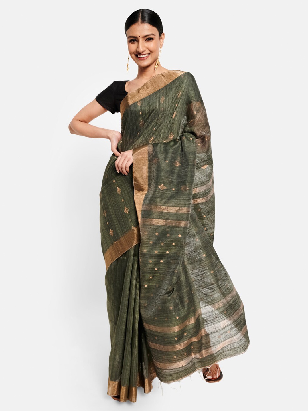 

Fabindia Olive Green & Gold-Toned Abstract Woven Design Pure Silk Jamdani Saree