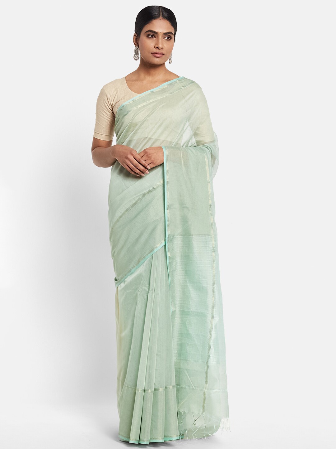 

Fabindia Sea Green & Gold-Toned Cotton Silk Saree