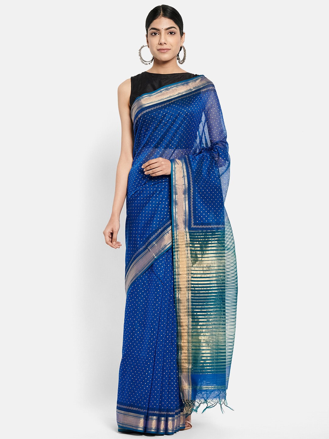

Fabindia Blue & Green Zari Silk Cotton Maheshwari Saree