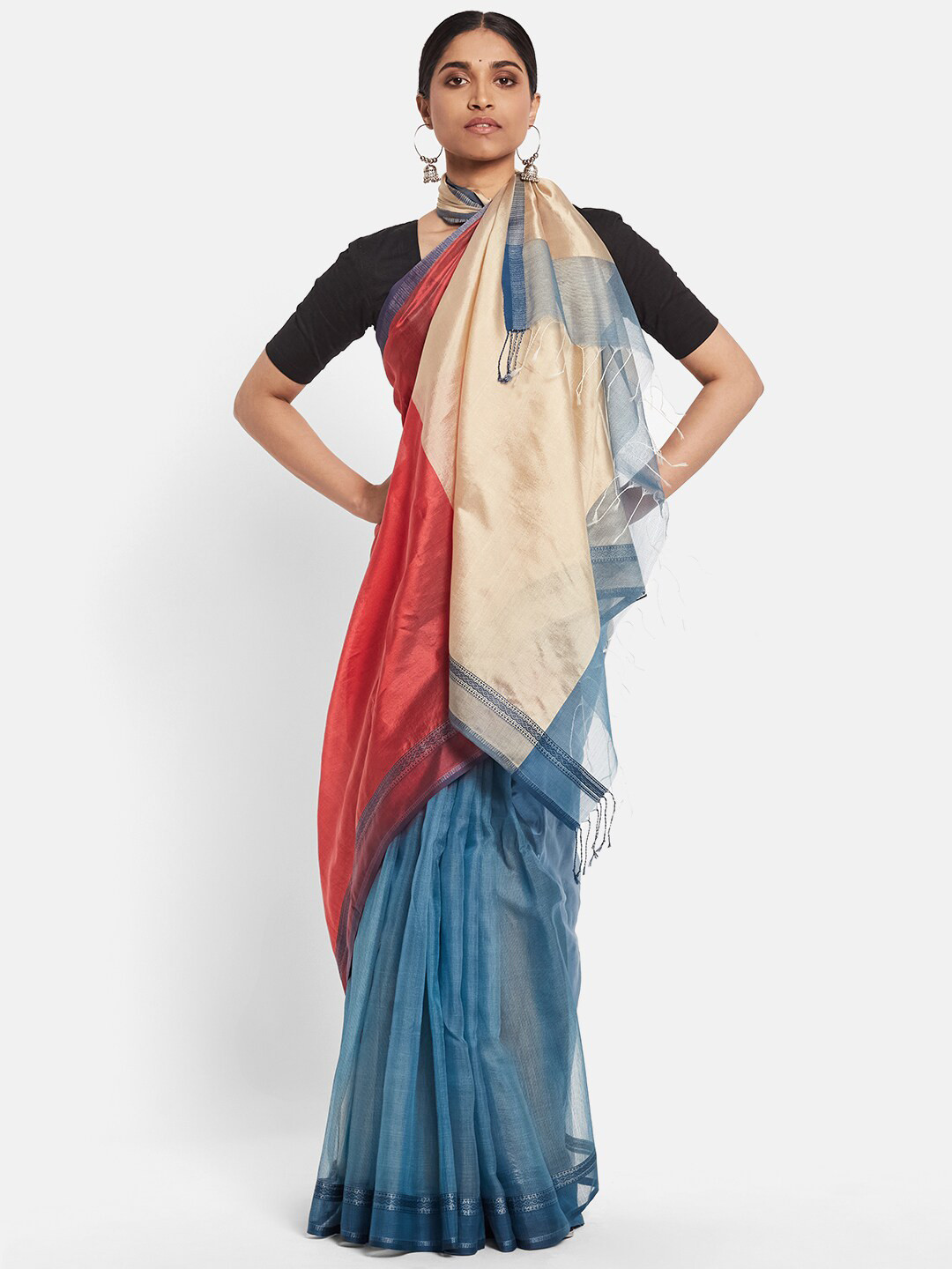

Fabindia Red & Blue Colourblocked Cotton Silk Saree