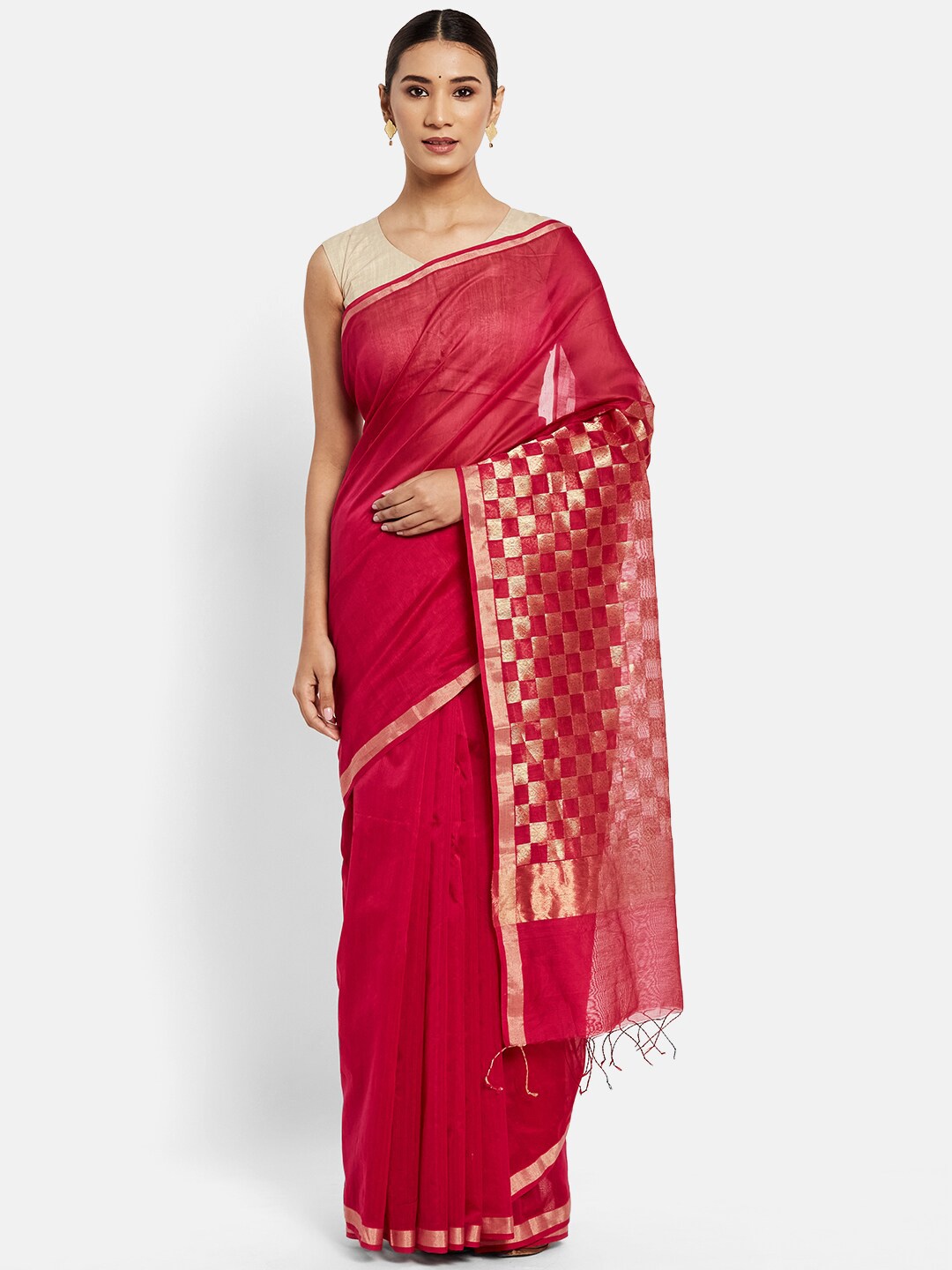 

Fabindia Magenta & Gold-Toned Chanderi Saree